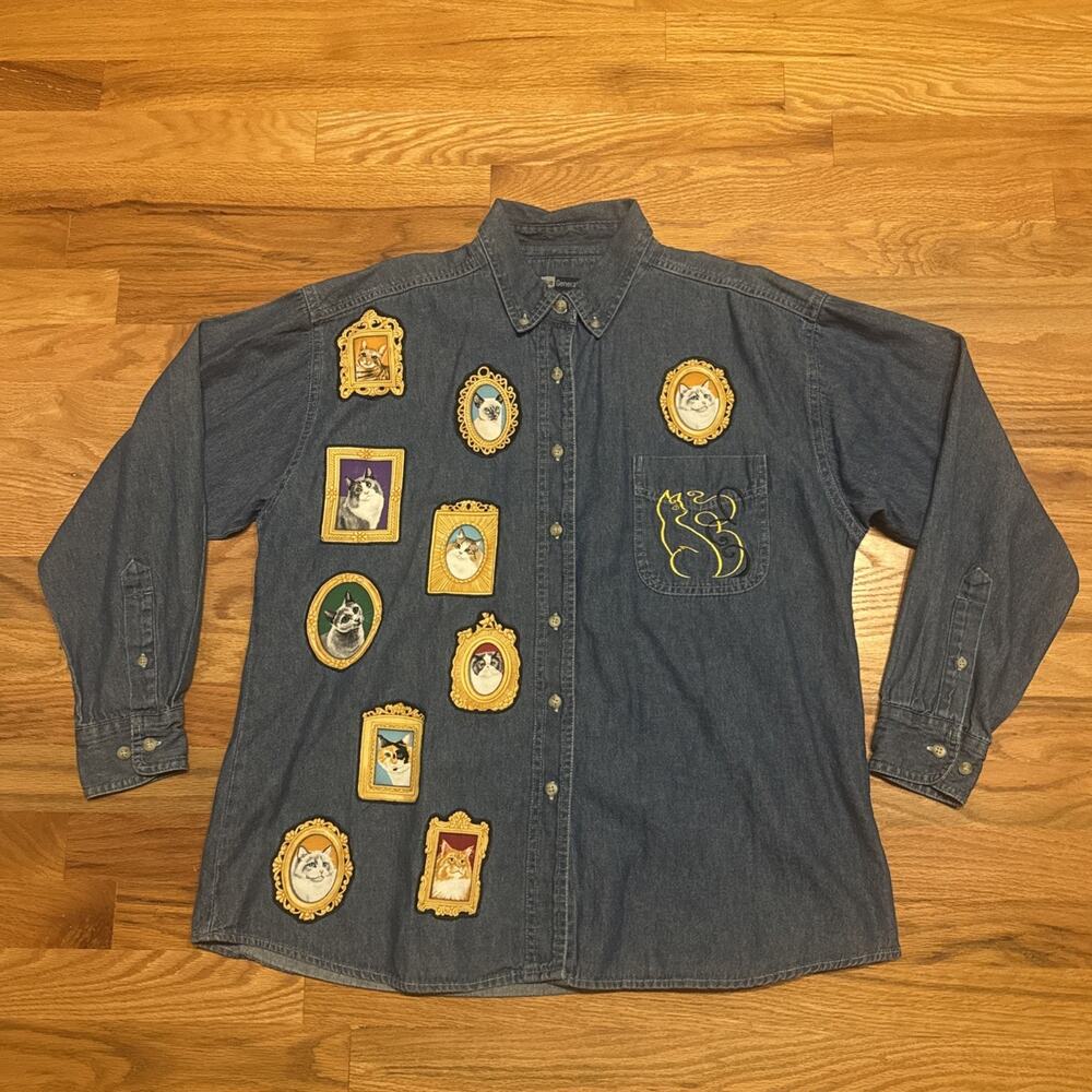 Vintage Cat Lady Shirt Women’s LG Embroidered Denim Button Down 90s Long Sleeve